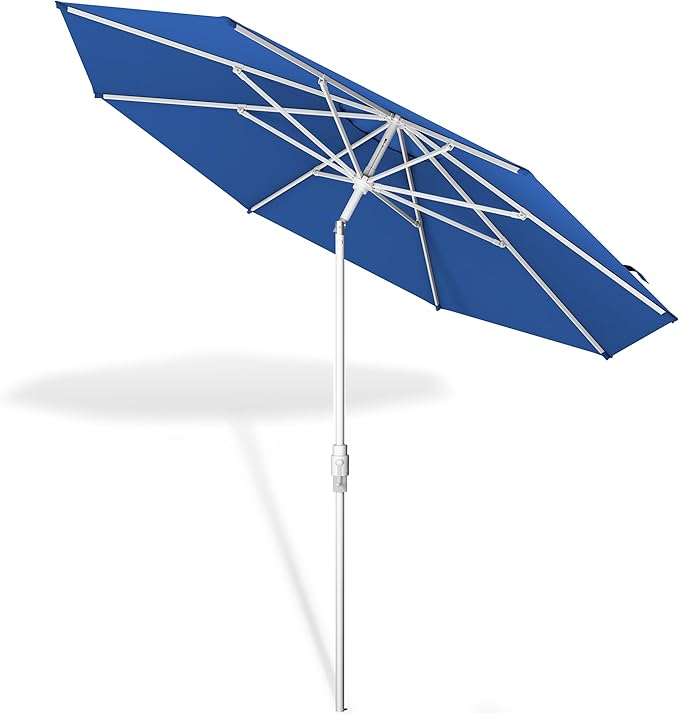 Midtown Umbrellas The Swilt 8 Feet Patio Umbrella in Sunbrella Dark Blue Acrylic Fabric - Fiberglass Ribs, Auto-Tilt Aluminum Frame For Backyard, Deck, Garden, Pool - White Pole