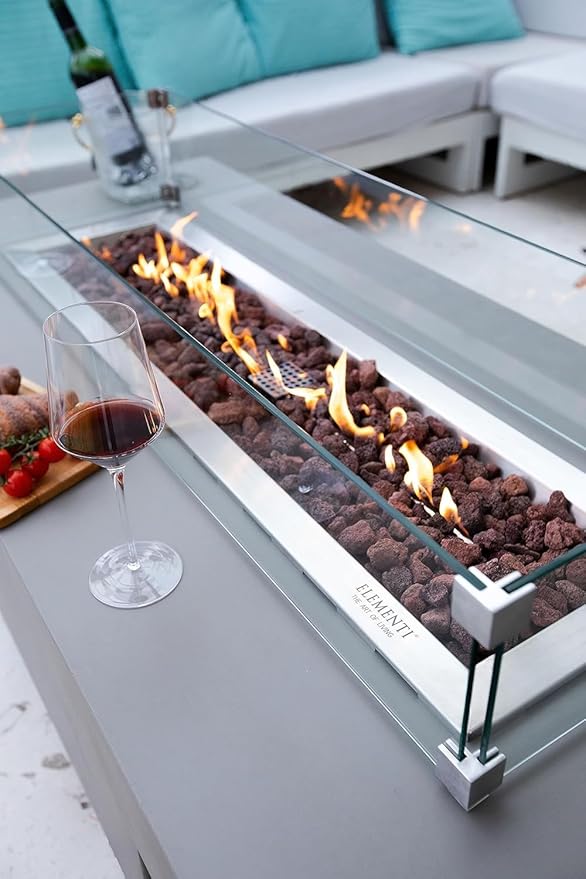 Elementi Granville Gas Fire Pit Cast Concrete Fire Table, Outdoor Fire Pit Electronic Ignition | Canvas Cover, Lava Rock Included | Free AMS Wind Guard | Light Gray (Natural Gas)