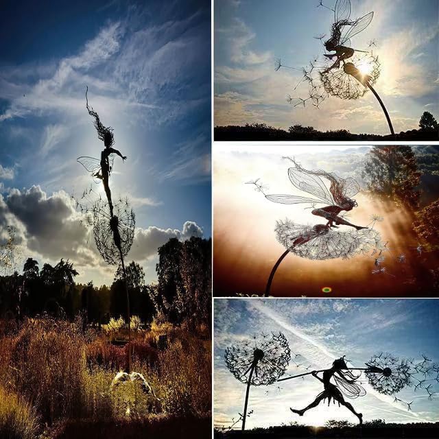 Flower Fairy Dancing with Dandelion, Art Sculpture Fairies for Fairy Garden, Angel Metal Ornaments Gardens Art Sculpture, Outdoor Decorations for The Courtyard, Christmas and Halloween Lawn (G)