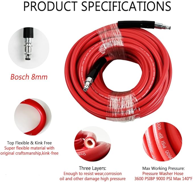 5800PSI/400Bar Ultra Flexible Pressure Washer Hose for Bosch Home Cleaning, 5M-30M High Pressure Extension Tube with Quick-Connect Adapter,(Red/Blue/Yellow/Green/Grey/Orange/Light Blue)(Red,50FT)