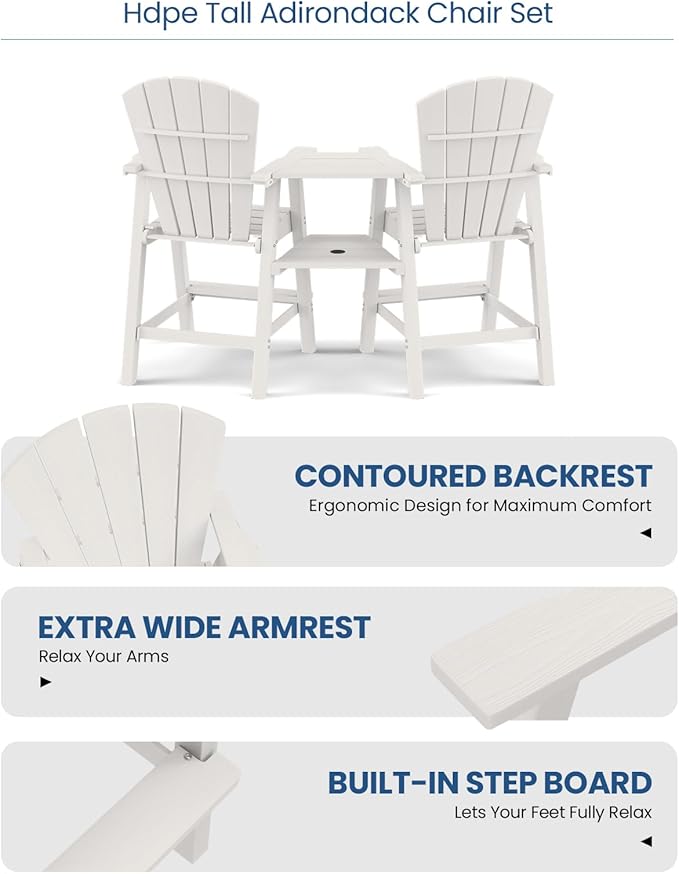 Ciokea Tall Adirondack Chairs Set of 2, HDPE Outdoor Adirondack Bar Stools with Double Connecting Tray, Weather Resistant High Back Adirondack Balcony Chairs for Deck, Lawn, Pool, Backyard, White