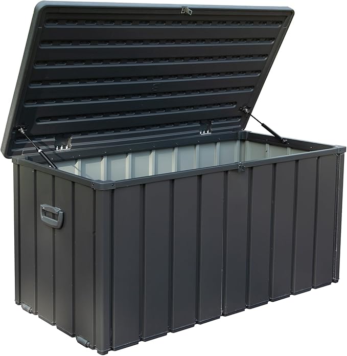 CHUNLY 120 Gallon Waterproof Deck Box with Lockable Resin Lid, Storage Bench w/Mobility Rollers, Outdoor All-weather Patio Storage Box for Outside Cushions, Garden Tools (Dark Gray)