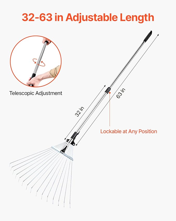 VEVOR Leaf Rake, 15 Metal Tines, Adjustable Garden Rake for Lawns with 7.5-22.4 Inch Wide Head & 32-63 Inch Long Handle, Heavy Duty Stainless Steel Small Leaves Tool for Gardening Camping Yard Grass