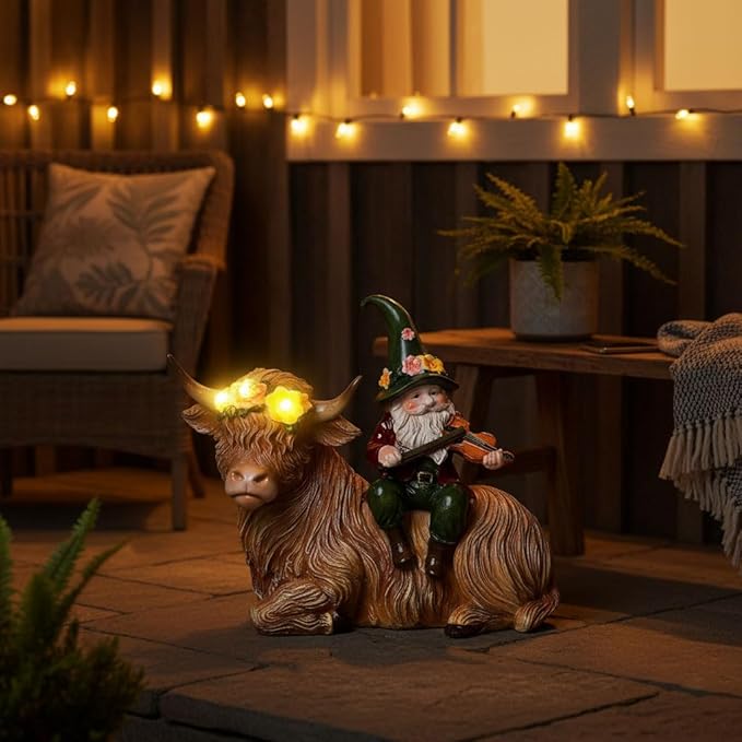 Solar Highland Cow Figurines for Garden with Gnome Playing the Violin 6.7"Resin Garden Gnomes Outdoor Patio Yard Lawn Porch Decor Birthday Housewarming Gifts for Women Mom Grandma Wife Sister Friend