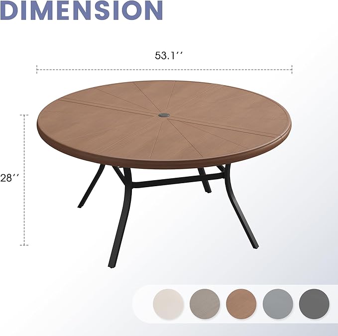 VICLLAX Outdoor Patio Round Dining Table, 53"x 53" Aluminum Tabletop for Deck Lawn Garden Backyard, Walnut