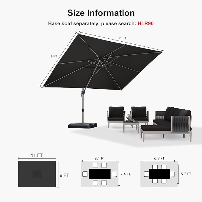 PURPLE LEAF 9' X 11.5' Patio Umbrella, Rectangle Outdoor Cantilever Umbrella, Aluminum Offset Umbrella with Champagne Frame and 360° Rotation for Pool Deck Garden, Grey