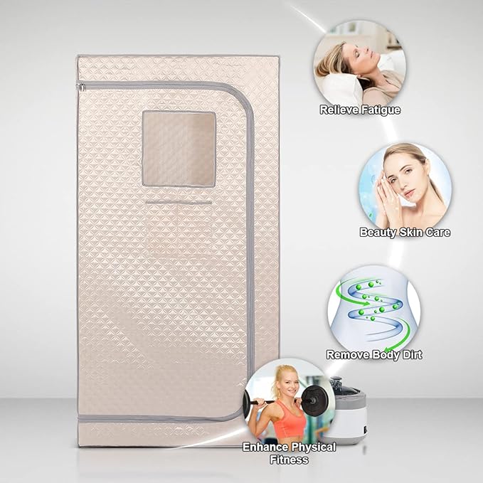 Smartmak Portable Home Steam Sauna, Full Size Personal Sauna Spa Box, Single Saunas Tent with Steamer, 4L 1500W Steam Generator 99 Min Timer, Remote Control, Upgraded Foldable Chair, Mat, Champagne