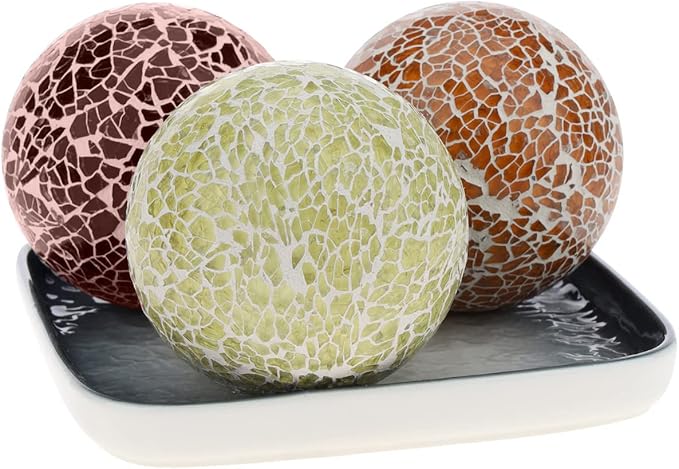3 PCS 3.35inch Glass Mosaic Sphere Balls Mix Color Table Bowls Vases Centerpieces Set Christmas Party Living Room Thanksgiving Wedding Festival Decorative Orbs