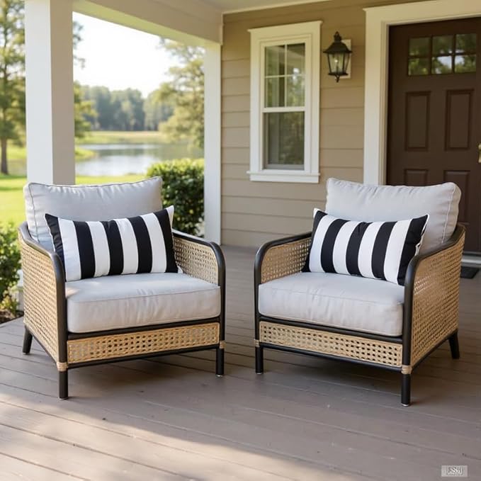 RSH DECOR: Sunbrella Pillow Covers Set of 2 | Covers Only - 20" x 12" | Outdoor Lumbar Pillow Covers Crafted with Sunbrella Performance Fabric | Cabana Classic Black Stripe