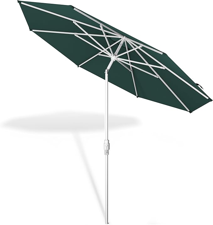 Midtown Umbrellas The Swilt 8 Feet Patio Umbrella in Terylast Forest (Dark Green) Polyester Fabric - Fiberglass Ribs, Auto-Tilt Aluminum Frame For Backyard, Deck, Garden, Pool - White Pole