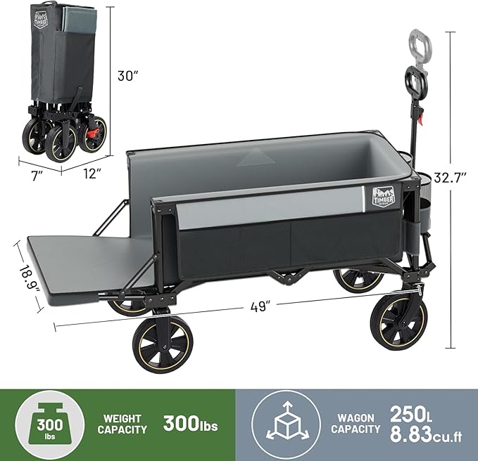 TIMBER RIDGE 49" Extra Long Collapsible Folding Wagon with Tailgate and Brakes, 250L Capacity All-Terrain Wagon Carts Foldable, 300lbs Portable Cart for Dog, Garden, Outdoor Camping Sports, Grey