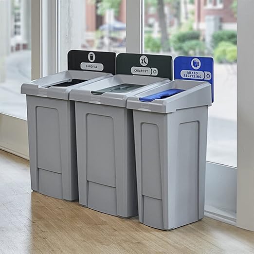 Stager Direct, 3 in 1 Recycling Station with Lid, Recycle Bin, Exterior Trash Can, Recycling Station Kit, Heavy Duty Premium Plastic, Perfect for Kitchen, Office, Garden, Garage (33 Gallon), (N.4)