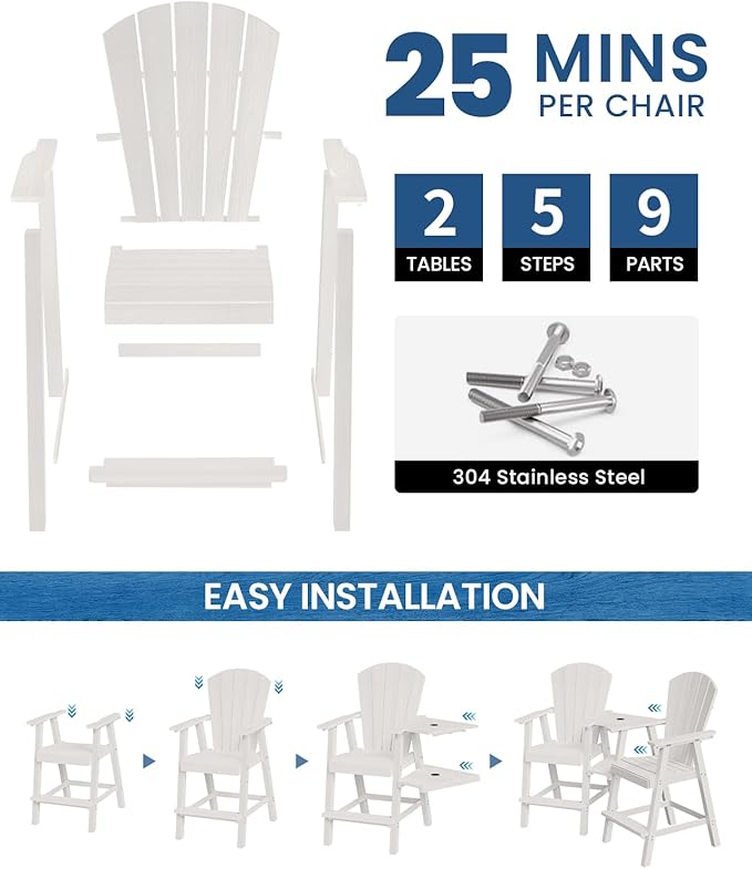Ciokea Tall Adirondack Chairs Set of 4, HDPE Outdoor Adirondack Bar Stools with Double Connecting Tray, Weather Resistant High Back Adirondack Balcony Chairs for Deck, Lawn, Pool, Backyard, White