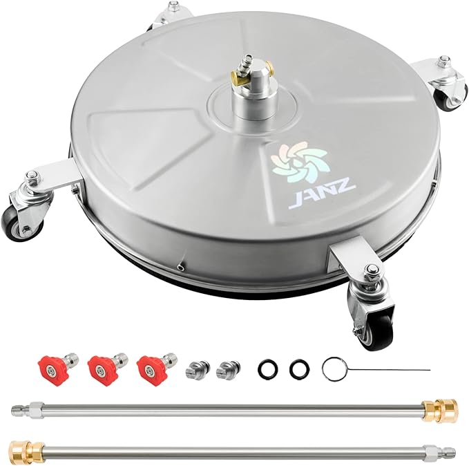 JANZ 18" Pressure Washer Surface Cleaner with 4 Wheels,1/4" Quick Plug,Stainless Steel Housing,2 Extension Wand Attachments, 3 Spray Nozzles and 2 Replacement Nozzles, 4000 PSI