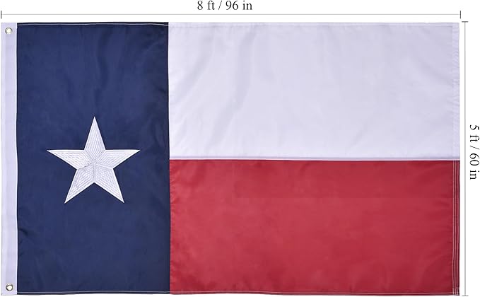 Texas State Flag 5x8 Ft, Deluxe Embroidered Premium Polyester Durable TX Flag with Sewn Stripes and Brass Grommets for Indoor/Outdoor Use