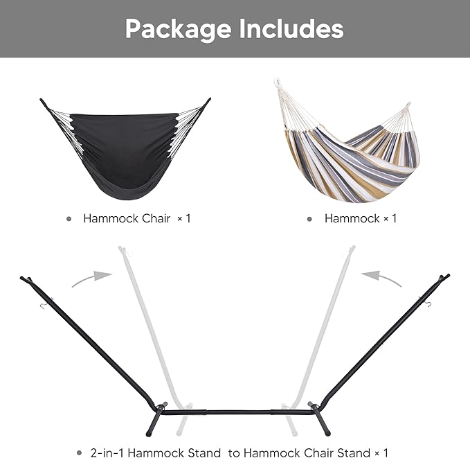 SUNCREAT 2-in-1 Convertible Double Hammocks 2 Person Heavy Duty, Large Patio Hammock with Space Saving Stand, Patent Pending, Coffee Stripe