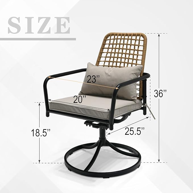 7-Piece Outdoor Dining Set, 6 Woven Swivel Chairs Set with Gray Cushions ＆ 63‘’ Rectangular Dining Table All Weather Furniture Set