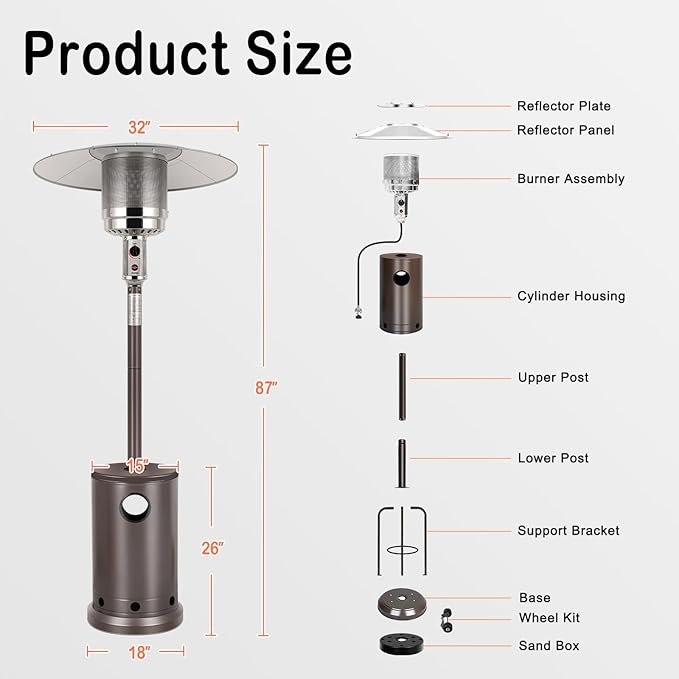 Hykolity 50,000 BTU Patio Heater with Sand Box, Table Design, Double-Layer Stainless Steel Burner, Wheels, Tip-over Protection System, Outdoor Heater for Home and Residential, Brown