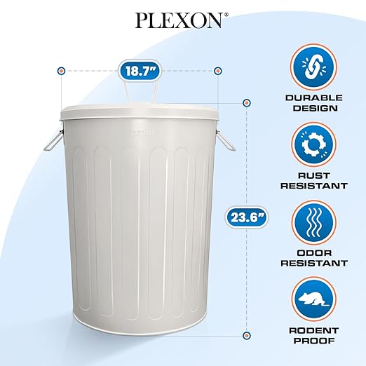 Plexon Large Metal Trash Can with Lid 20 Gallon, Decorative Outdoor Trash Can, Heavy Duty Galvanized Metal Bucket with Lid for Kitchen Garage Farmhouse, Beige, 3 Pack