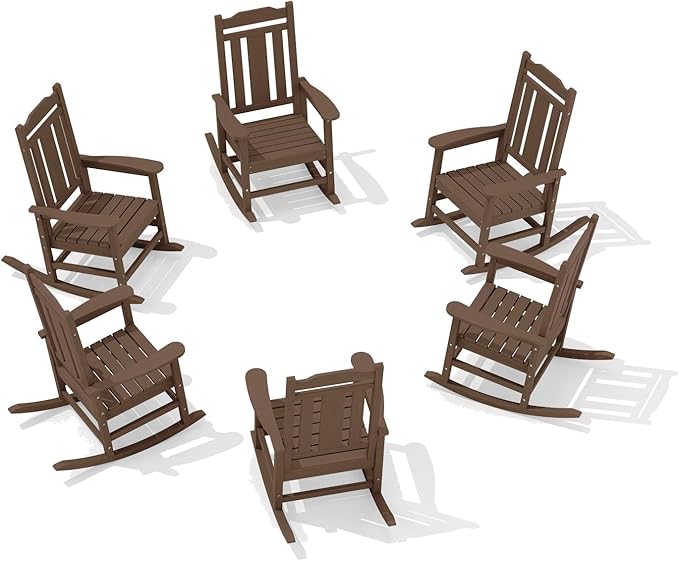 SERWALL Outdoor Rocking Chair Set of 6, Patio Rocking Chairs Set, HDPE Rocking Chair Outdoor for Adults, Heavy Duty Front Porch Rocker, Coffee