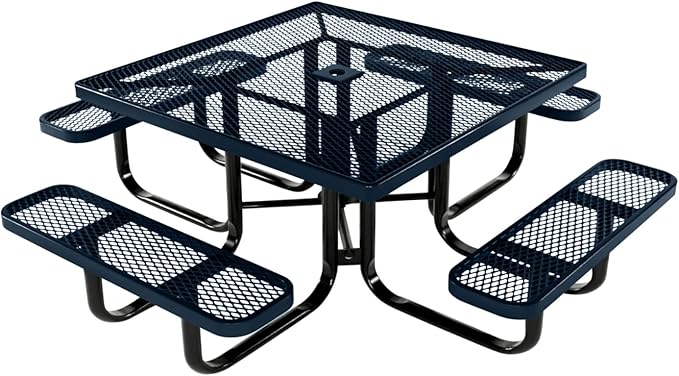 COATEDOUTDOORFURNITURE Heavy-Duty Portable Outdoor Kids Table with Umbrella Hole, Expanded Metal Kids Picnic Table, Commercial-Grade, Made in America (46 in, Square, Childrens, Dark Blue)