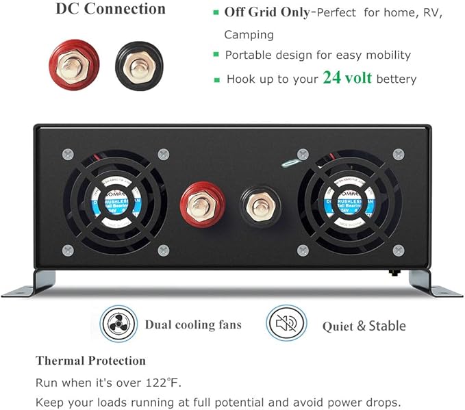 WZRELB 1000W 24V 120V Pure Sine Wave Power Inverter with 2 AC Outlets,Car Inverter