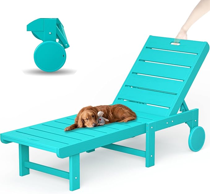 Outdoor Chaise Lounge Chairs, 26.8” Super Wide Lounge Chair Outdoor, HDPS Pool Chairs with 5 Positions, Patio Lounge Chair with Wheels for Pool,Lawn,Backyard, Aruba Blue