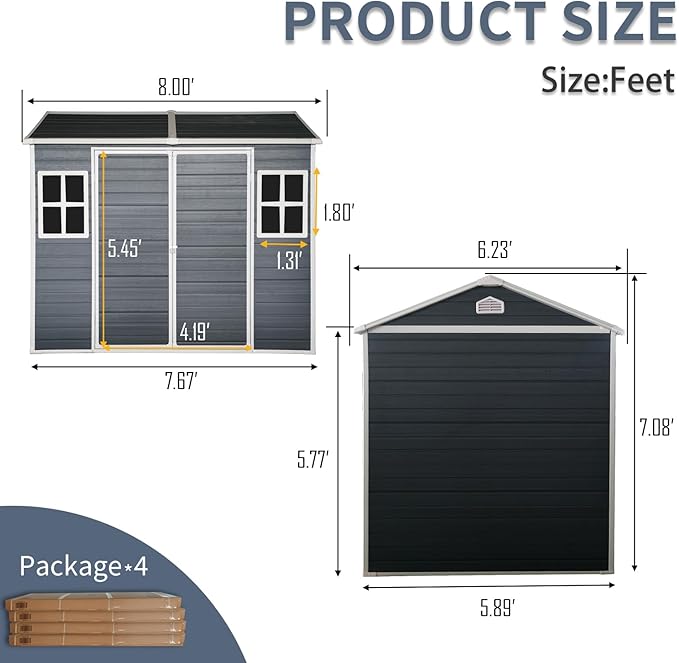 Outdoor Storage Shed with Two-Window and Double-Door, Resin Storage Shed with Lockable Door, Plastic Shed with Floor for Gargen, Patio, Yard, Lawn (Black, 8 x 6 FT)