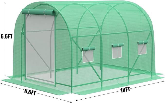 Greenhouse with Watering System, 10x7x7 Outdoor Greenhouse with 6 Mesh Windows and 1 Door, Easy Water and Irrigate Plants Green House (Green, 10x7x7 ft w/ Irrigation System)