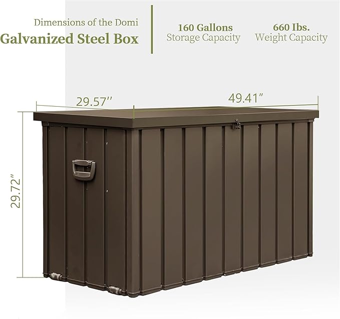 LANTRO JS 160 Gallon Metal Deck Box, Outdoor Storage Box Waterproof with Wheels, Lockable Storage Container for Patio Furniture Cushions Garden Tools, Dark Brown