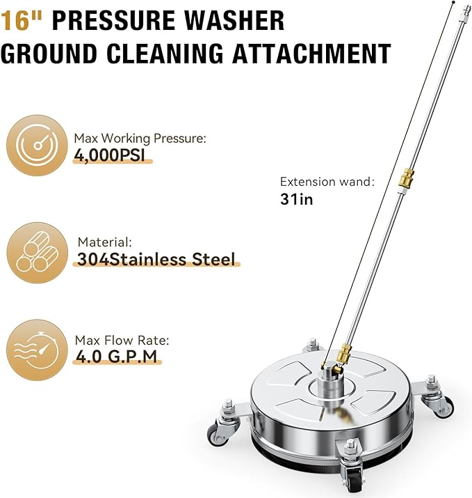 16" Pressure Washer Surface Cleaner with 4 Wheels, Stainless Steel Housing, 4000 PSI Max, 3 Connect Nozzles & 2 Extension Wands, Pressure Washer Surface Cleaner for Concrete, Patios, Sidewalks