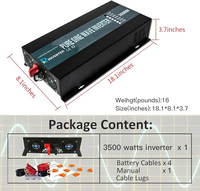 WZRELB 3500W 48V 120V Pure Sine Wave Power Inverter with 2 AC Outlets,Car Inverter, RBP-350048