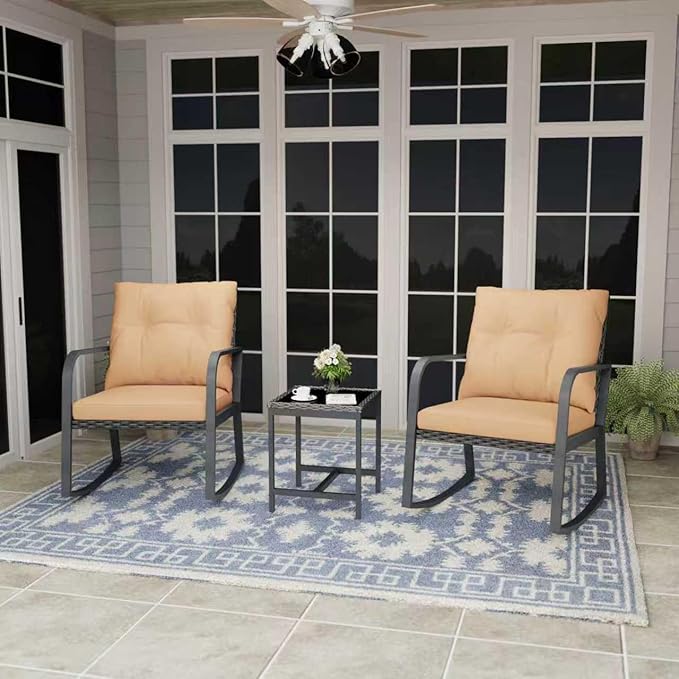 Bistro 3 Piece Patio Furniture Set, Patio Table and Rattan Outdoor Rocking Chairs Set of 2, Outdoor Bistro Conversation Set for Garden, Balcony, Poolside, Backyard, Khaki
