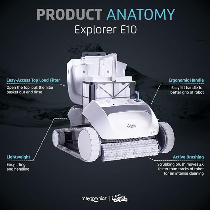 Dolphin (2025 Model) E10 Automatic Robotic Pool Vacuum Cleaner, Active Scrubber Brush, Top Load Filters Access, Ideal for Above-Ground Pools up to 30 FT in Length