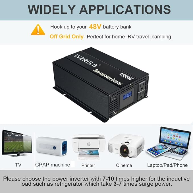 WZRELB 1500W Pure Sine Wave Inverter 48VDC to 120VAC Solar Power Converter Truck RV Home LCD Display