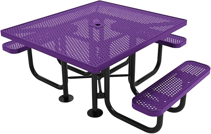 COATEDOUTDOORFURNITURE Heavy-Duty Portable ADA-Compliant Outdoor Picnic Table with Umbrella Hole, Punched Steel Patio Dining Furniture Made in America (46" Square Top, Purple)