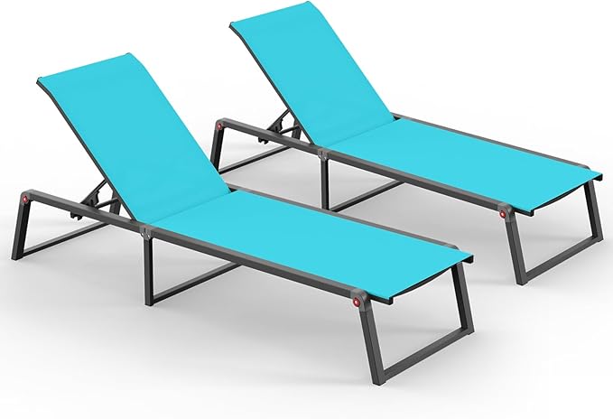 Aluminum Chaise Lounge Outdoor Set of 2, Foldable & Assembly Free Patio Pool Lounge Chairs 5-Position Recliner for Outside Poolside, Fully Grounded Legs Sun Lounger for Beach, Yard, Lake Blue