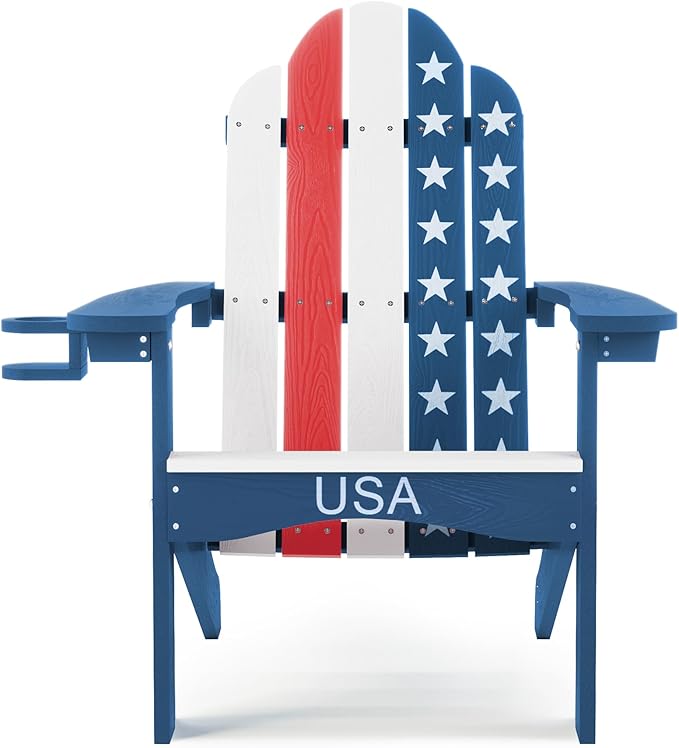 LUE BONA HDPS Adirondack Chairs Set of 8, Fire Pit Outdoor Chair Weather Resistant with Cup Holder, Modern Plastic Chair Plastic for Patio, Deck, Proch, 350LBS, Flag Blue