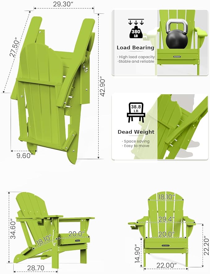 MUCHENGHY Folding Adirondack Chairs, Patio Chairs, Lawn Chairs, Outdoor Chair, Adirondack Chair Plastic, Fire Pit, Weather Resistant with Cup Holder for Deck, Backyard, Garden(Lemon Green)