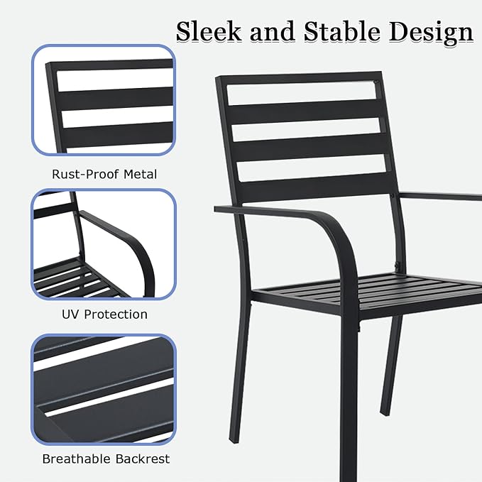 Patio Dining Chairs Set of 8, Metal Outdoor Chair, Black Stackable Dining Chairs, Wrought Iron Patio Chairs with Wide Back & Armrest, Support 300 LBS