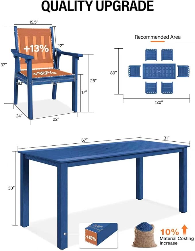 YEFU Patio Dining Chairs Set of 6: All Weather Outdoor Dining Chairs with Wide Curved Seat and Backrest - Outdoor Furniture Plastic for Outside Backyard/Garden/Porch/Deck 350lbs Capacity Blue