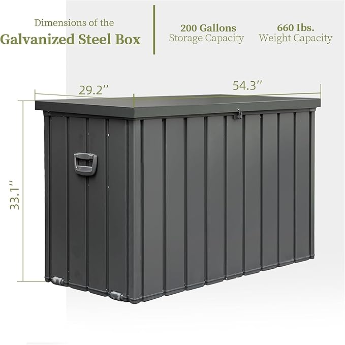 Heavy-Duty Outdoor Metal Storage Box Dark Gray Lockable Water-Resistant Deck Box for Patio Garden Tools Organization Rust-Resistant Outside Storage Box (200 Gallon)