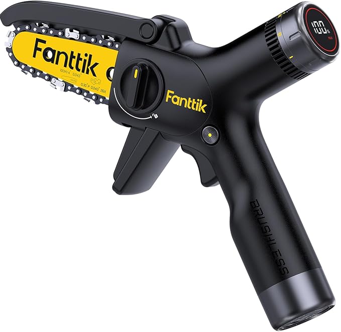 Fanttik TurboLite W10 APEX External Rotor Brushless Motor Mini Chainsaw Cordless with 3 Speed Adjustment, Type-C Fast Charging, LED Light for Tree Wood, Tools for Household and Garden