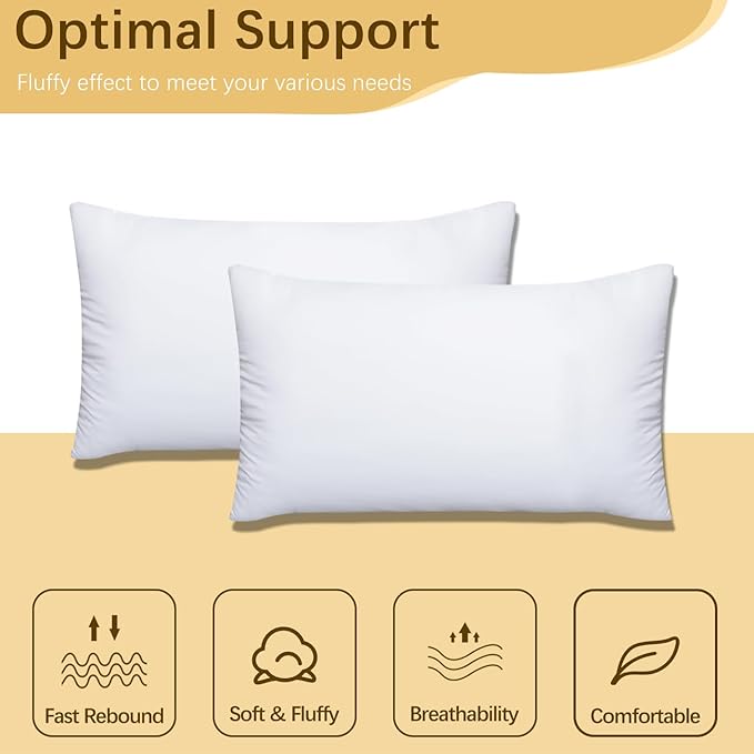 OKBA Throw Pillows Insert Set of 2, with 100% Cotton Cover, Bed and Couch - Indoor Hotel Decorative Pillows, 12x20 in White Pillows Inserts