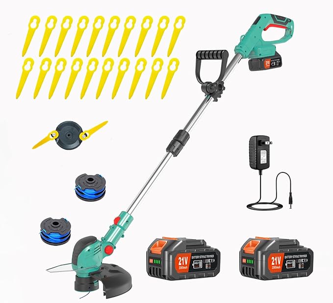 Weed Wacker Cordless,21V Electric Weed Cordless Eater Battery Powered with 2 x 4.0Ah Batteries, Edgers for landscaping/Electric Grass Trimmer/Garden Tools, Adjustable Control Lever