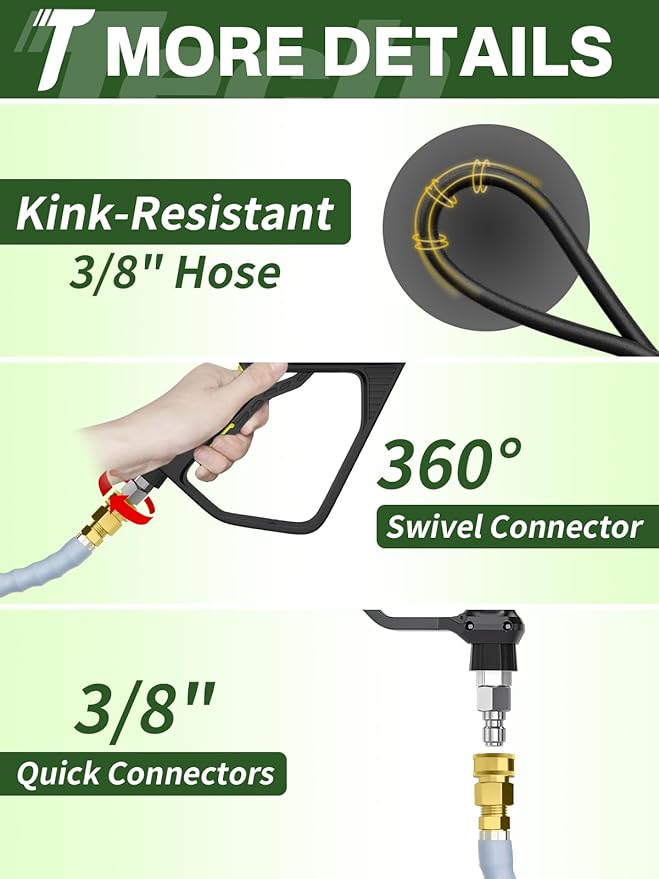 3/8" 4800PSI Pressure Washer Hose 50FT with Swivel Quick Connect for Cold/Hot Water Max 248°F, Kink Resistant Steel Wire Braided, Wear Resistant Power Washer Hose with M22 14mm Adapter