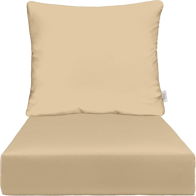 RSH DECOR Deep Seating Cushion with Pillow Back | 25” x 25.5” x 5" Seat | Water and Fade-Resistant Spun Fabric | Made in USA | Outdoor Chair Cushion Set for Patio Furniture (Tan)