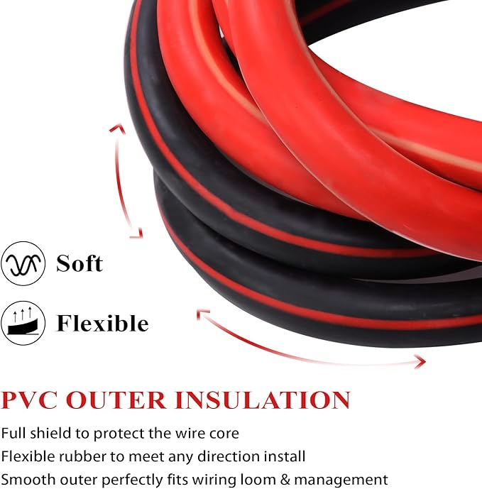 2 Gauge Battery Power Cable (25 Feet Black, 25 Feet Red) - 2 AWG Copper Clad Welding Wire with M8 & M10 SC Connector Lugs for Car, Camper, RV, Solar Low Voltage Wiring