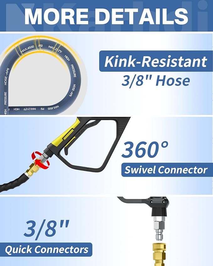 Pressure Washer Hose 125FT 3/8" for Cold and Hot Water 212°F, with Swivel Quick Connect, 4500PSI Kink Resistant Grade Steel Wire Braided, Power Washer Hose With 2pcs M22-14mm Adapter
