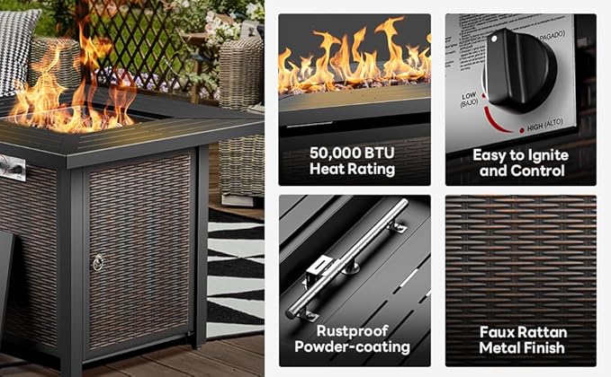 Wicker Outdoor Swivel Chairs Set of 4 with Fire Pit Table, 5 Pieces Patio Furniture Set with Fire Pit Table for Yard, Deck, Garden, Brown/Blue